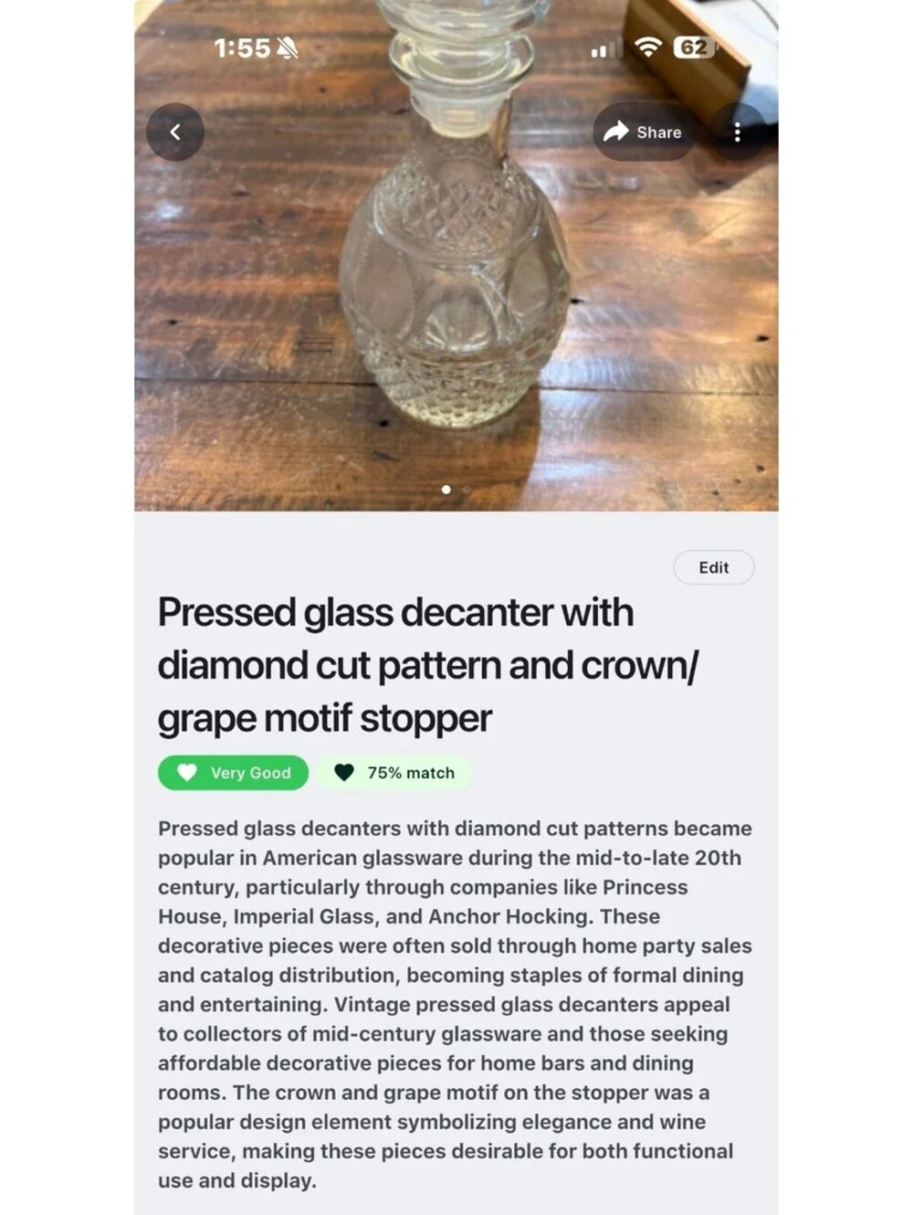 Pressed Glass Decanter with Diamond Cut Pattern and Crown/Grape Motif Stopper